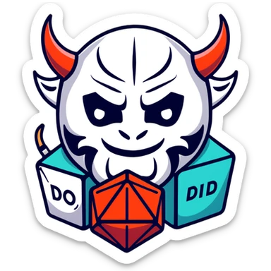 oni mask with a D20 dice sticker