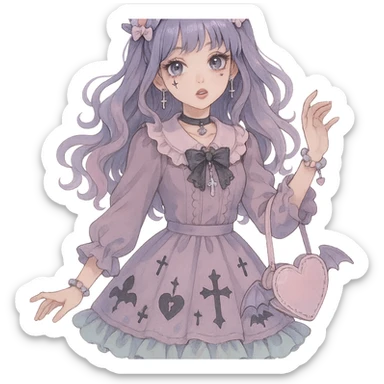 gothic K-pop girl, dreamy pastel goth style, soft colors with gothic details, whimsical pose, cute accessories sticker