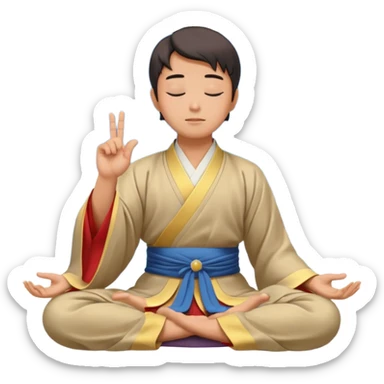 man in hanfu closing sitting in lotus pose, pointing one finger to sky as wisdom gesture sticker
