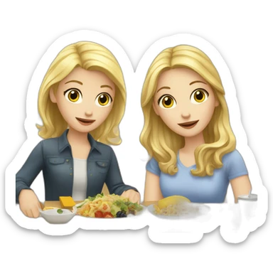 white girl with blonde hair and white girl with brunette hair eat lunch on the table sticker