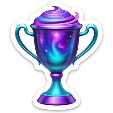 A futuristic alien trophy cup with swirling cosmic nebula colors, purple, blue and teal galaxy patterns sticker