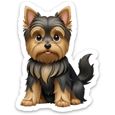 cinematic-[yorkshire terrier]-realistic-full-body-sitting-emoji,-tail-resting-loosely-beside-its-paws,-head-tilted-dramatically,-wavy-[black and tan-fur,-simplified-yet-realistic-focused-features,-highly-detailed,-glowing-with-an-almost-sarcastic-glow sticker