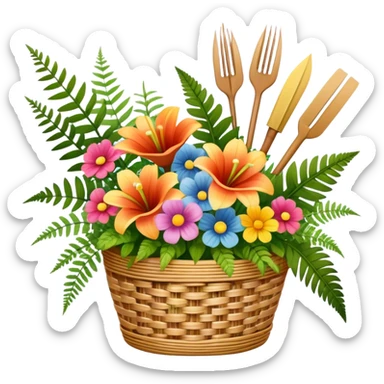 Icon for Floristry: a bouquet of flowers in a woven basket, with reeds, ferns, and floral arranging tools like scissors and a flower stem. The icon should represent creativity in flower design and arranging. Transparent background. sticker
