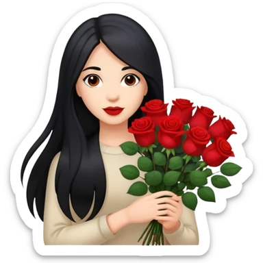 A beautiful girl with long black hair holding a bouquet of roses sticker