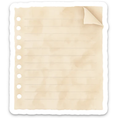 ripped notebook paper with a folded corner, soft pastel beige tones, watercolor texture, transparent background, no face, no hands, no legs, no characters sticker