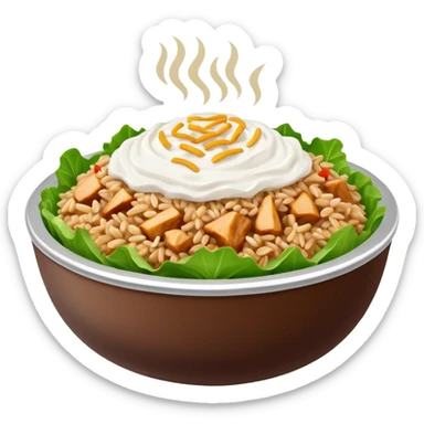 Bowl with brown rice lettuce chicken and sour cream with a silver top next to it.A chipolate bowl sticker