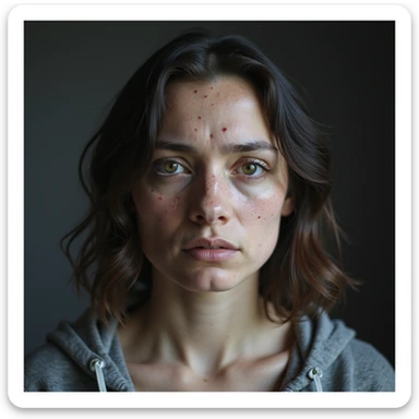 hyperrealistic 4K image of a woman with PCOS showing a very wide central part in her hair, visible scalp areas, face with acne and fine hair, sad expression, detailed sticker