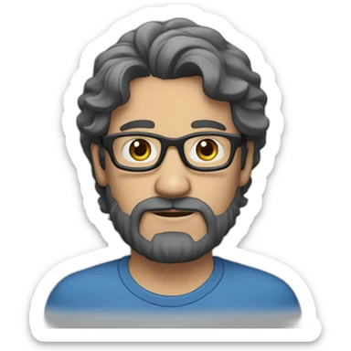 40-year-old man with long, gray, black hair. He wears blue glasses and has neither a mustache nor a beard. sticker
