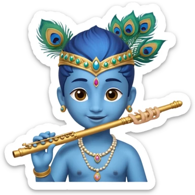 Cute young Krishna emoji, soft blue skin, peacock feather on crown, charming smile, holding a flute, big expressive eyes, round chibi emoji style, divine and joyful look." sticker