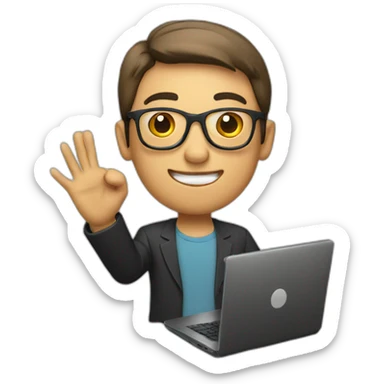 man wearing glasses and holding a computer in his right hand and signaling OK with his left hand sticker