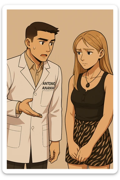 fai un webtoon/manga a colori con questo kinesiologo in camice bianco (fagli la scritta "ANTONIO ANANIA" SUL CAMICE) CHE PARLA CON QUESTA RAGAZZA CON GLI OCCHI AZZURRI. la ragazza gli fa una domanda preoccupata e IL KINESIOLOGO CON IL CAMICE BIANCO LE risponde. NON FARE I FUMETTI, FAI SOLO LORO COME SE DIALOGASSERO sticker