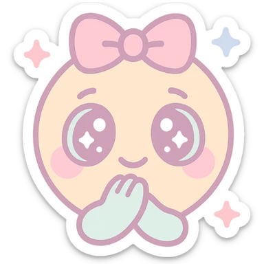 cute emoji combining pleading face, hand over mouth, pink bow, and sparkles in a harmonious kawaii-inspired style sticker