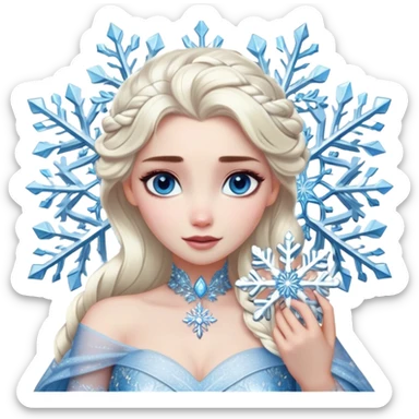 Cinematic Realistic Elsa Portrait, depicted with lifelike skin texture, soft natural lighting, and intricately detailed platinum blonde hair styled elegantly. Her striking, expressive blue eyes exude confidence and grace, complemented by a serene and regal expression. She holds a shimmering snowflake delicately in one hand, her other hand resting against her gown, embodying the power and beauty of winter. She is dressed in her signature icy attire, with shimmering fabric textures and delicate folds that catch the light beautifully. The portrait features a soft, enchanting glow with a cool, radiant finish, capturing the essence of timeless elegance in a realistic and painterly style. sticker