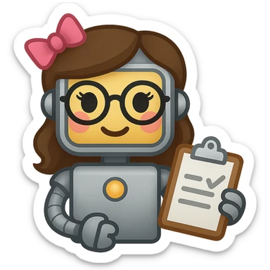 Make the recruiter robot emoji even cuter and more feminine with different hairstyles and accessories like bows or glasses. Style should be apple style, flat, and metallic. The robot is holding a clipboard. Transparent background. sticker