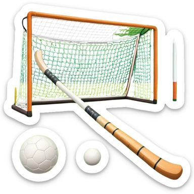 A field hockey stick and ball resting on a well-maintained grass field, with the goalposts and markings visible in the background. The scene highlights the precision and focus of the sport, with the vibrant green pitch creating a dynamic atmosphere. sticker