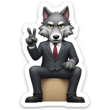 Wolf ceo wearing a suit determined smirking full body pose hands showing a peace sign  sticker