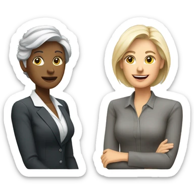 2 women talking job interview semi casual ,older woman grey hair and younger woman blonde hair sitting  sticker