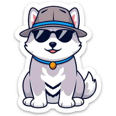 Husky dog wearing black sunglasses and a hat with duck pattern sticker