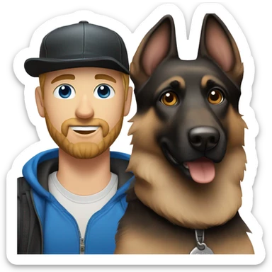 white male with blue eyes, a black beard and a baseball hat alongside a black and brown german shepherd  sticker