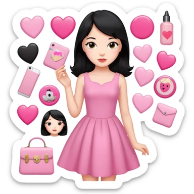 Vintage girly pink stickers, coquette, girl with black hair, fair skin, daily life sticker