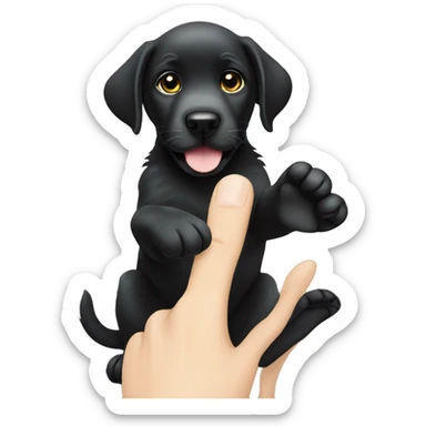 sitting black labrador puppy makes high five with one paw sticker
