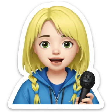 billie eilish is singing, holding mirco and smile sticker