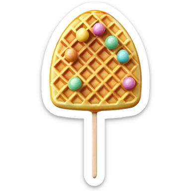 3D rendered Hong Kong egg waffle on stick like lollipop, vibrant golden color with rainbow sprinkles, hyper-realistic bubbled texture, glossy candy finish, fun playful design, detailed textures sticker