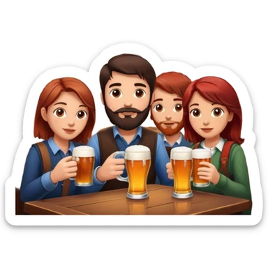 2 boys, one with dark hair and stubble and the other with brown mid length hair and a beard sat with a girl with red/brown hair drinking beers in a pub sticker