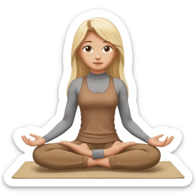 Blonde long hair girl sitting on a beige rug doing yoga, brown clothes sticker