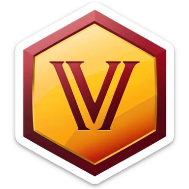 hexagon emblem with a thick yellow-to-gold outline and a dark red gradient inside. In the center, place a bold capital letter V in the same yellow-to-gold gradient as the outline. Keep the shapes clean and geometric, with smooth color transitions and no background color. sticker
