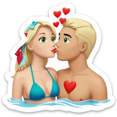 Blonde Queen with crown Green eyes blue Bikini whole body Kissing man black Hair Hearts sticker