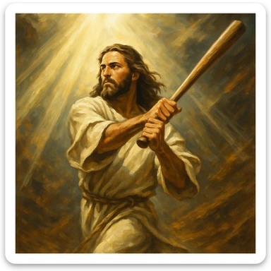 Jesus with long hair and beard, focused, powerful baseball hit, divine light shining down sticker
