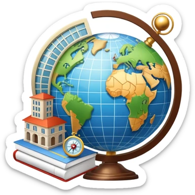 An icon featuring a hotel building, and a globe, symbolizing the scientific study of tourism and hospitality. The design includes a map, a compass, and a checklist, representing travel planning and service management. Transparent background highlights the academic exploration of the tourism industry sticker
