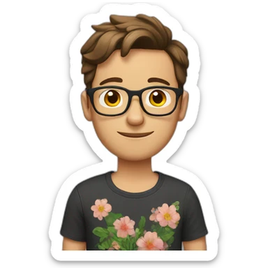 german guy with short brown hair up wearing glasses and dark t-shirt with flowers print sticker