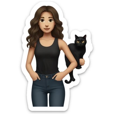 tall skinny brunette haired girl with brown eyes medium wavy hair and middle part curtain bangs wearing dark wash jeans and black high neck tank top and black mary jane heel shoes standing and holding fat black cat with white spot on its belly sticker