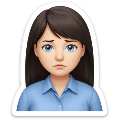 40 yr old woman, blue eyes, long straight dark brown hair, business shirt, chubby, bangs, long hair, tired sticker
