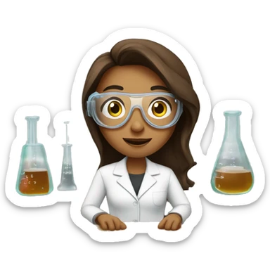 Woman with straight long brown hair wearing small clear goggles in a lab class with a traditional bench and beakers  sticker