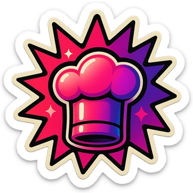 chef's hat, lot of colors explosions, playful and modern with gradient FF4D67, 9D34FF gradient, border black, vibrant, matching image reference  sticker