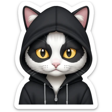 black and white cat wearing black hoodie sticker