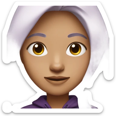 Generate a girl with long white hair with purple eyes and tan skin. Her clothing is a purple hoodie and  black shirt. sticker