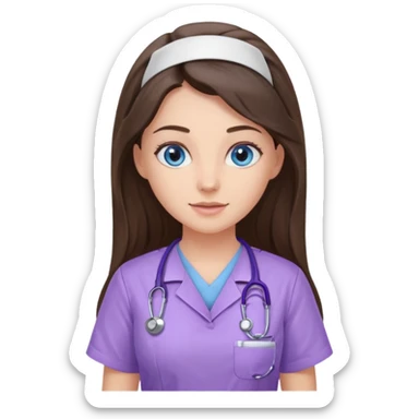 pretty brunette nurse with long hair and blue eyes in lilac scrubs sticker