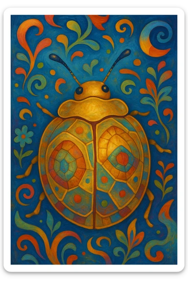 Golden Tortoise Beetle with a tortoise shell-like carapace, whimsical and abstract surreal art style, playful shapes, vibrant colors, imaginative and dreamlike sticker