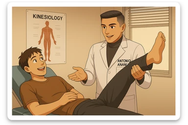 su questo lettino rappresenta un webtoon manga a colori con questo stile, in cui un uomo è steso sul lettino medico e il kinesiologo con il camice bianco (fagli anche la scritta "ANTONIO ANANIA" SUL CAMICE, gli solleva una gamba per fargli il test neuromuscolare, IL KINESIOLOGO SPIEGA ALL'UOMO UNA cosa mentre gli alza la gamba. l'espressione dell'uomo è felice e soddisfatta, non fare i fumetti però, fai solo in modo che sembri stiano parlando sticker