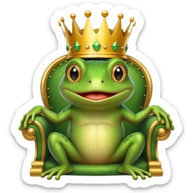 A frog wearing a crown, confidently sitting on a golden throne, portrait, bust up sticker