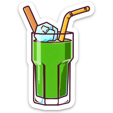 Tall glass of sweet sugarcane juice with ice cubes, light green liquid, straw, and sugar cane stalks beside it sticker