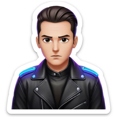 A lone biker with slicked-back hair, wearing a leather jacket, his face partially lit by neon lights sticker