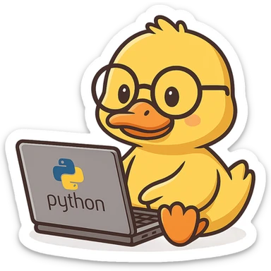 Animated duck wearing glasses, programming Python on a laptop, in a cute cartoon style sticker