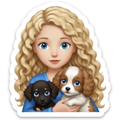 Girl with long curly blonde hair and blue eyes holding black white and brown dog  sticker