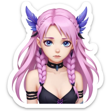 Gorgeous anime lady long-pale-pastel-pink-hair with one braid on each side, grumpy expression, purple-pink feather-ear-cuffs in hair, black bodysuit, blue eyes, pink iris, ethereal, fantasy, sticker
