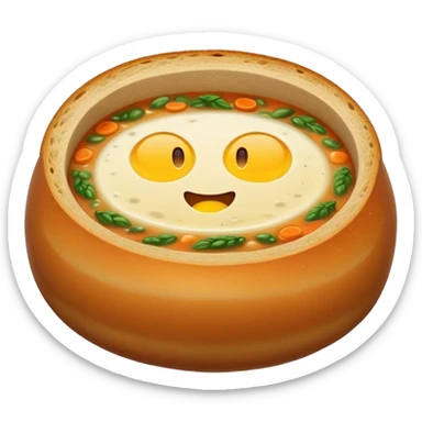 Żurek Cinematic Realistic Żurek Soup Dish Emoji, depicted as a tangy rye soup served inside a hollowed-out round loaf of bread, rendered with rich textures and dynamic, comforting lighting. sticker